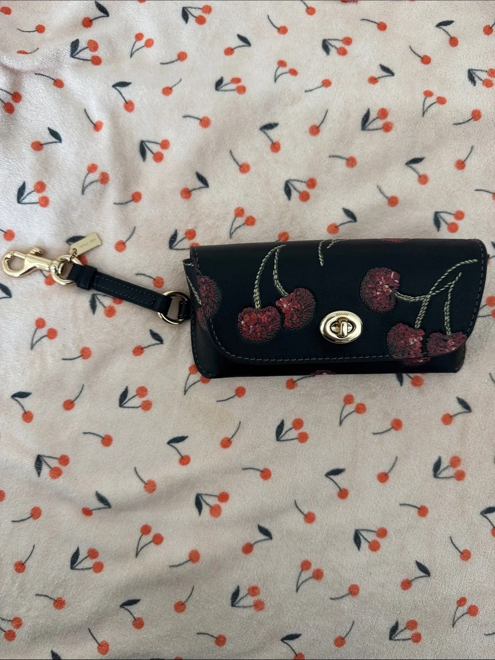 Coach Cherry-Embroidered Leather Wristlet Key Case - Black